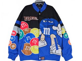Fashion Mens Blue Nylon M&Ms Graphic Racing Bomber Jacket L