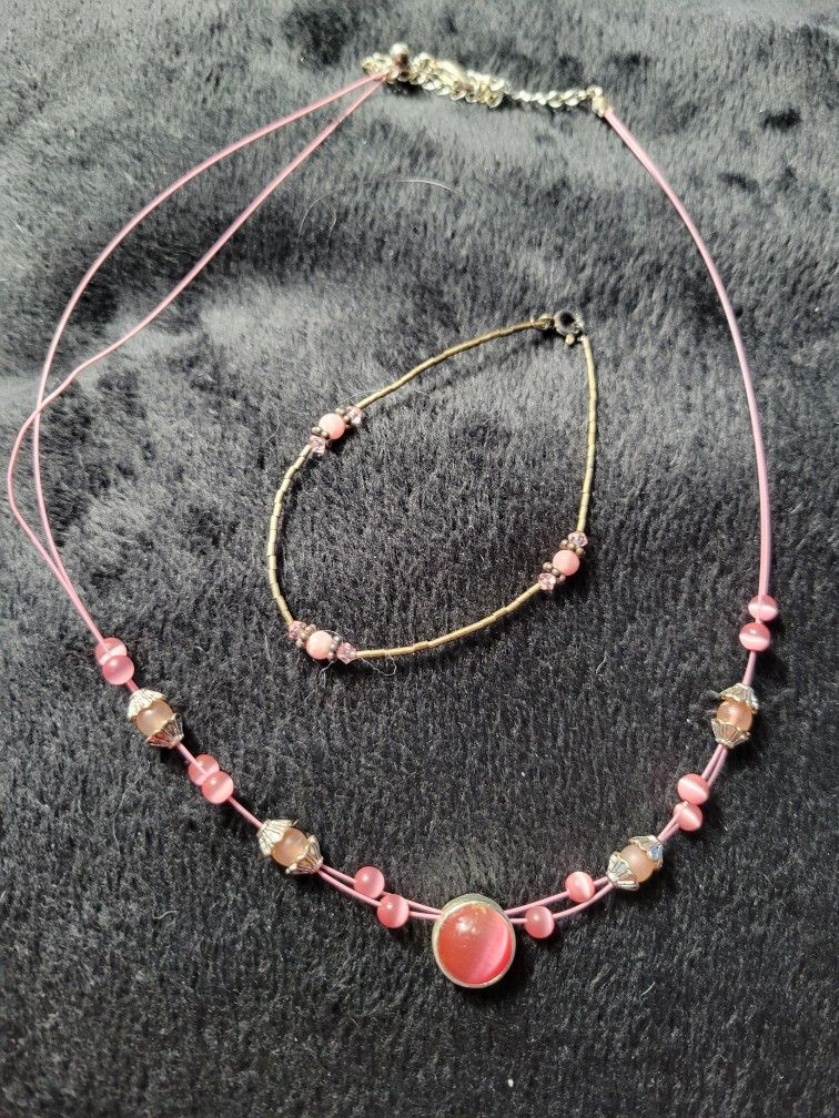Pink Iridescent Necklace With Pink Bead Bracelet
