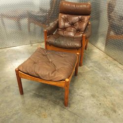 Scandinavian Teak & leather Chair w/ Ottoman
