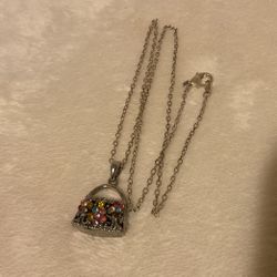 18” SilverTone Necklace With Purse Pendant With Multi-colored Rhinestones 