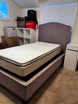 Twin Upholstered Bed Frame with Nailhead Headboard