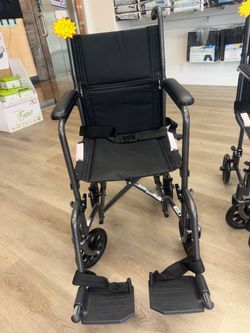 Medline Basic Steel Transport Chair with Permanent Full-Length Arms and Swing-Away Footrests, 17" Wide, Black #MDS808200BN
