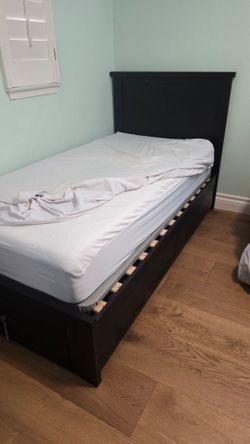 Espresso Wood Twin Bed with storage drawer