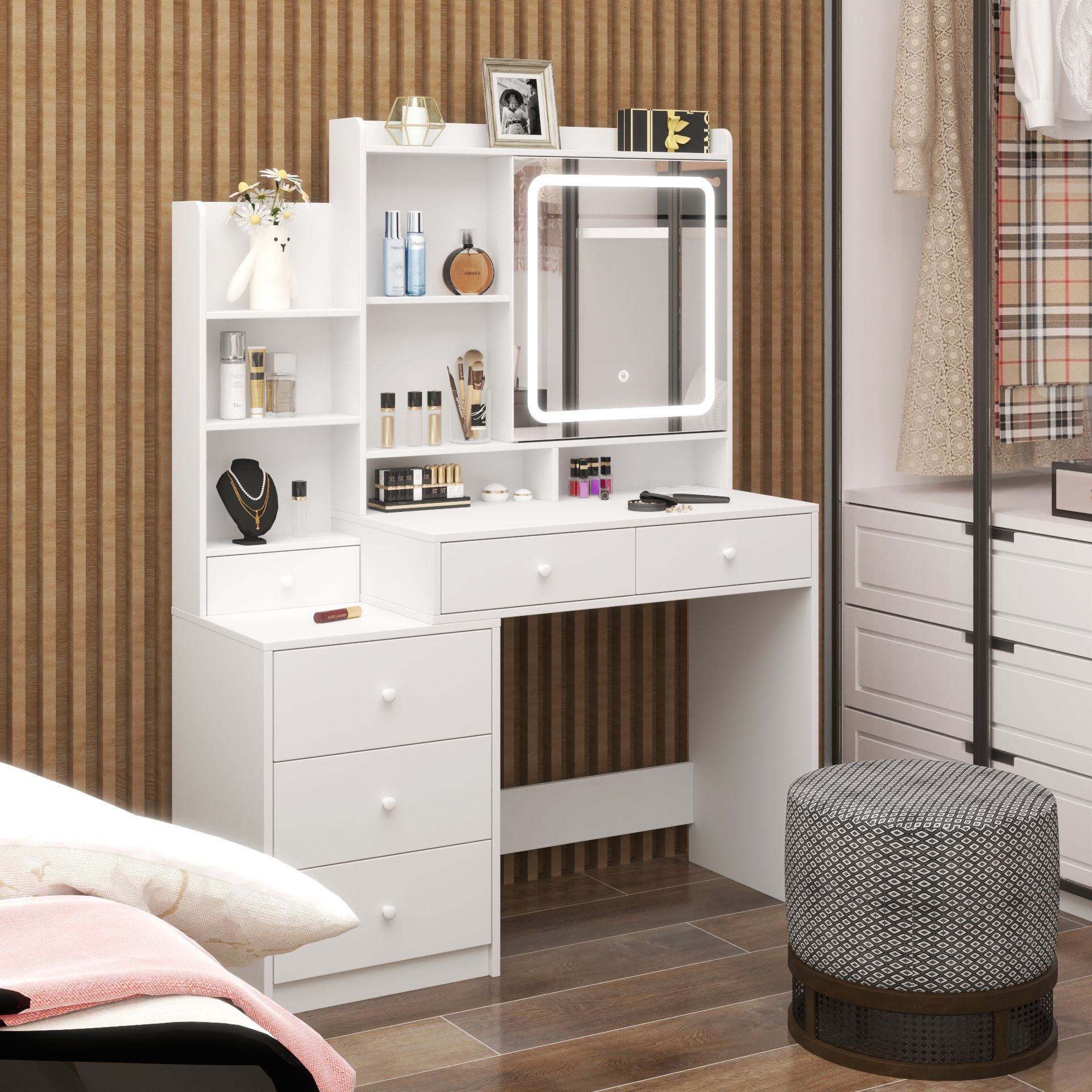 Makeup Vanity Desk with Mirror and Lights, White Vanity Table Set with 6 Drawers & Sliding Mirror & Storage Shelves, 3 Lighting Modes Brightness Adjus
