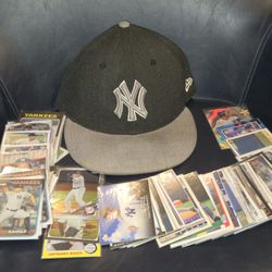 New Era NY Yankees Men's Fitted Cap Black 59FIFTY 7 3/4 + 100 Yabkee Baseball Cards!