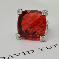 David Yurman Cushion On Point Red Garnet & Diamonds Sz 6.5