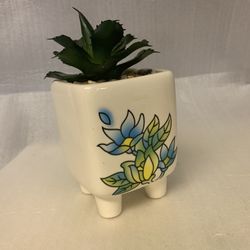 Ceramic Painted Flowery Planter With Fake Cactus Succulent  Pot Container Legs