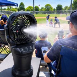 New In Box 2 Liter Capacity Portable Camping Outdoor Mist Water Spraying Oscillating Fan 30000mAH Battery Last Up To 8 Hours Use 