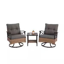 3-Piece Wicker Outdoor Rocking Chair Set with Gray Cushion, 2-Swivel Chairs and Square Table, Brown