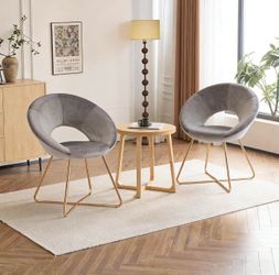 Modern Accent Velvet Chairs Single Sofa Comfy Upholstered Arm Chair Mid-Century Leisure Lounge Chairs with Golden Metal Frame Legs Set of 2 Grey