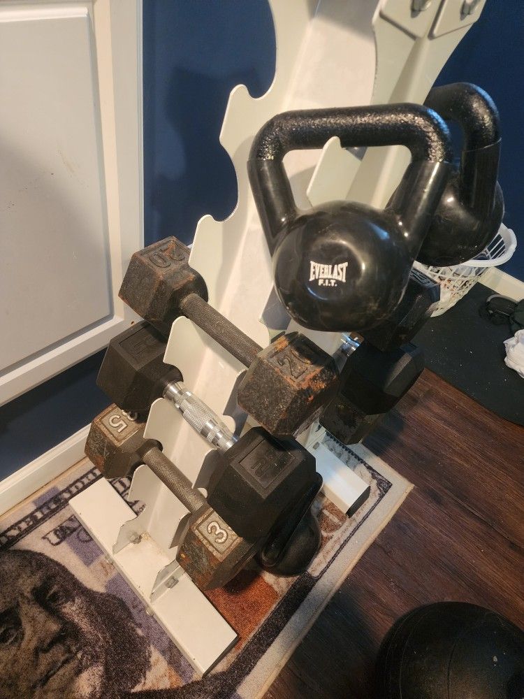 Dumbbells Kettlebells And Slam Ball And Dumbell Rack