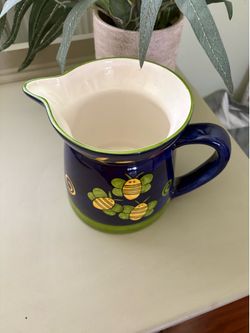Laurie Gates Vintage Blue Ceramic Pitcher with Yellow Bee