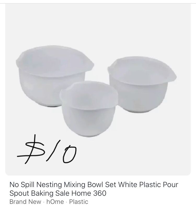 No Spill Nesting Mixing Bowl Set White Plastic Pour Pout Baking Sale Home 360