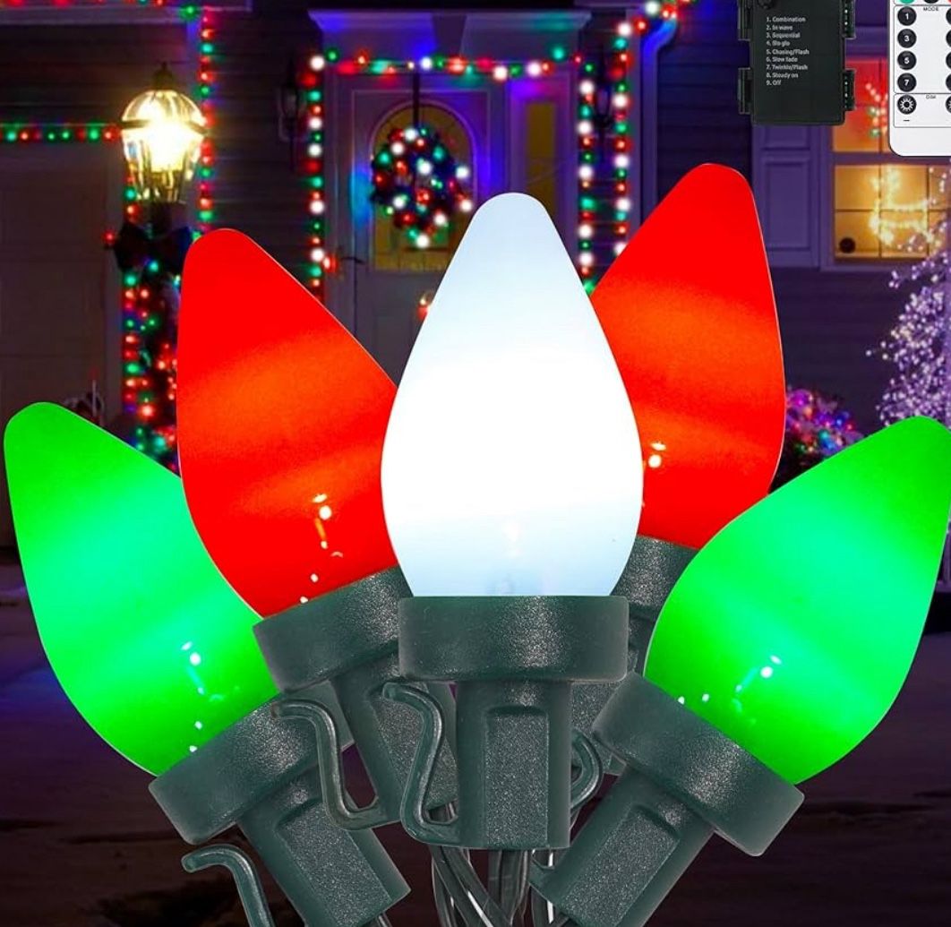 26ft C7 Christmas String Lights, 50 LED Red White Green w/ Remote, Battery
