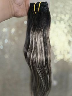 16" Clip Ins Human Hair Extensions New Black  Platinum Blonde Balayage New