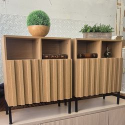 2 MODERN INDUSTRIAL STYLE NIGHTSTANDS IN AOK WOOD COLOR AND BLACK METAL LEGS 24 WIDE 30 HEIGHT/ NEW