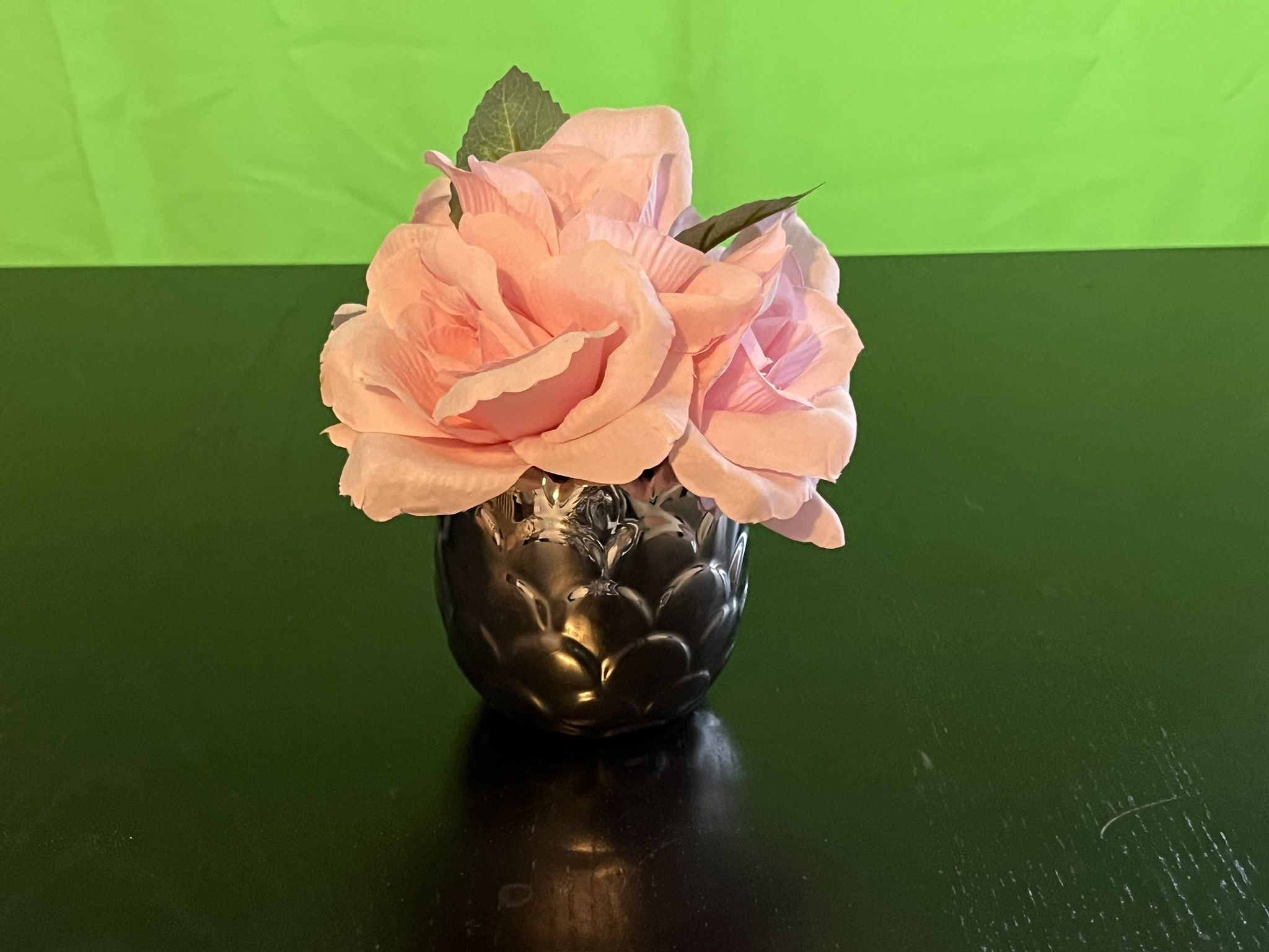 Pink flowers in Silver vase