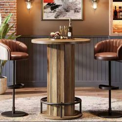 JW1151 Round Dining Table, Bar Height Kitchen Table with Wood Strip Base and Footrest, Brown (Only Table)