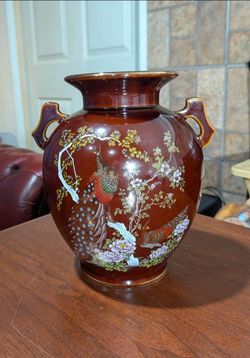 8" x 7" Vintage Japanese glazed ceramic peacock and floral motif vase