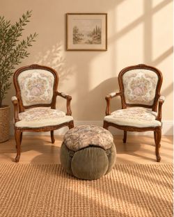 Antique  French Provincial Tapestry Armchairs + Ottoman Set