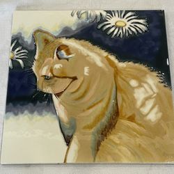 Signed Dylan Scott Pierce, Benaya by Innovation ceramic art tile depicting a ginger cat. 12”x 12”