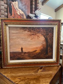 Vintage Large Framed Hunting Scene Canvas Oil Painting - Signed 32”L x 26-1/2”H