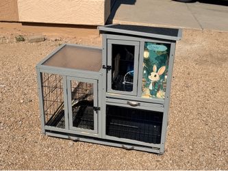 Grey Wood Rolling Rabbit Bunny Cage (LxWxH: 23” x 39” x 39”)