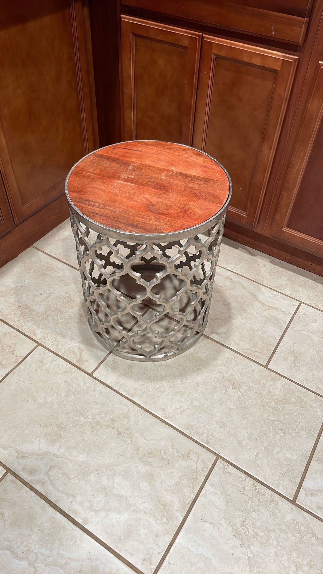 Round Aluminum Table With Wood Top.