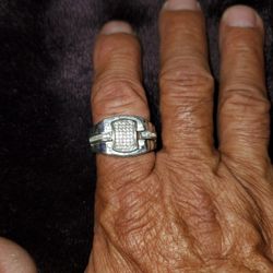 Stirring Silver Iced-Out Buckler Ring Size 10.5