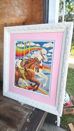 Framed Carousel Horses Needlepoint Art
