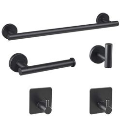 Bathroom Hardware Set-Brushed, SUS304 Stainless Steel Towel Bar Set - Include 16'' Hand Towel Bar, Toilet Paper Holder, 3 Towel Hooks, Round Wall Moun
