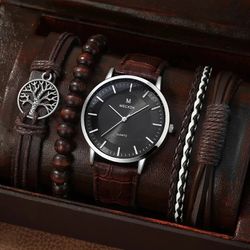 Mens Brown Quartz Watch & Bracelet Set