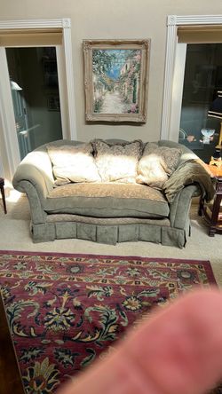 Sage Green Upholstered Loveseat with Skirted Base