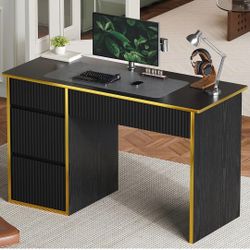 47-Inch Fluted Computer Desk with 4 Drawers, Black and Gold
Compact Home Office Desk with 4 Storage Drawers, Including a Deep File Drawer, for Bedroom