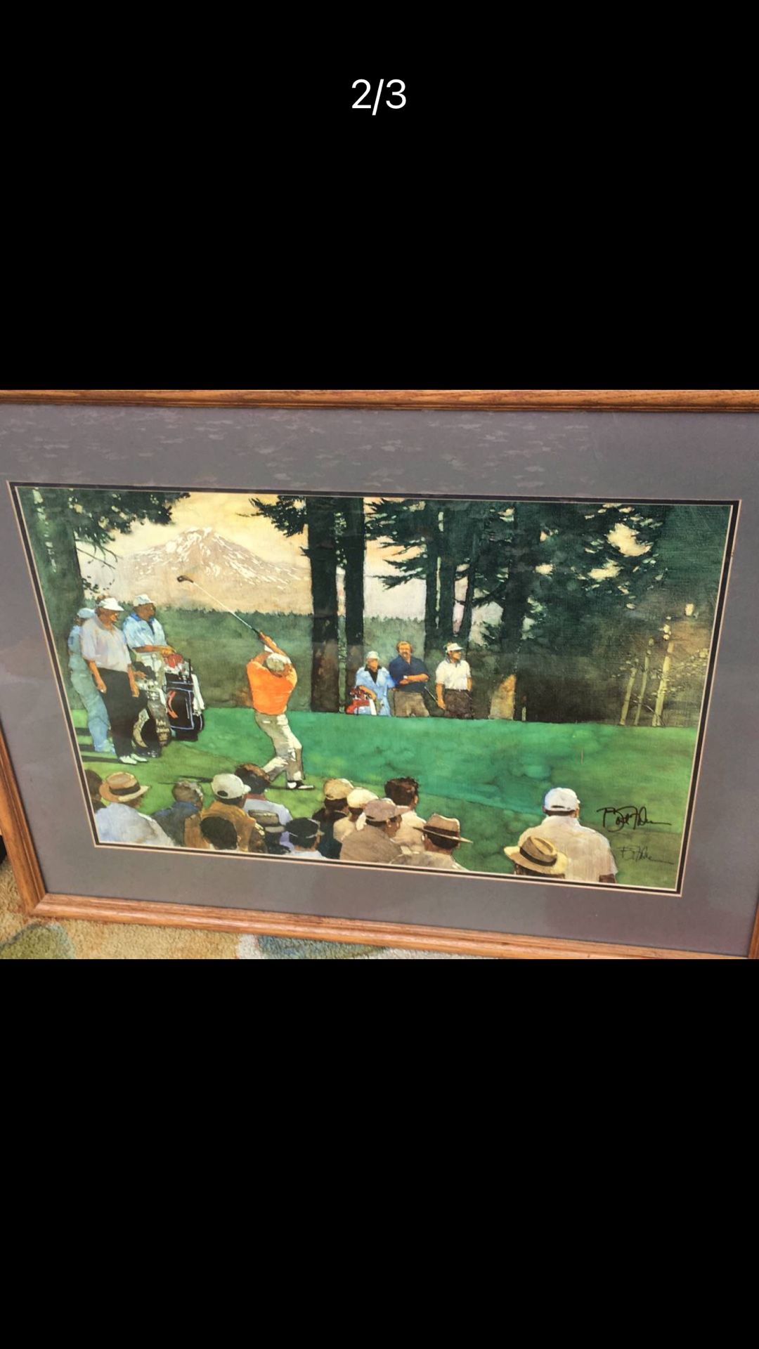 Golfer / Golf Tournament Signed Orig Mid century Painting 37x29 -Wood Frame