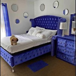 King size Blue Velvet Complete Bedroom Set Selling All Together only $2000 cash firm Free Delivery