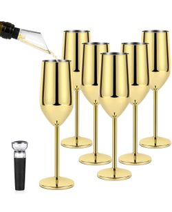 Lifecapido 6 Pack Stainless Steel Champagne Glasses, 8oz Elegant Stainless Steel Champagne Flutes, Stemmed Unbreakable Champagne Glasses for Party Wed