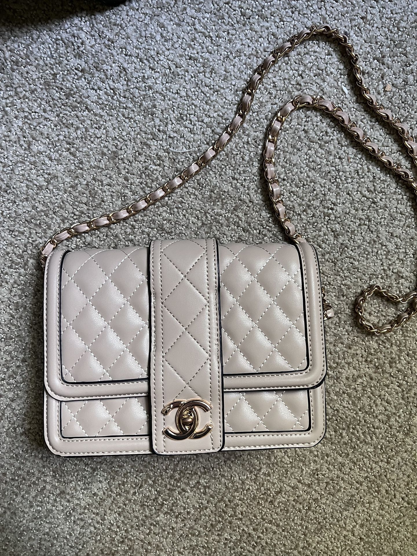Tan Chanel Crossbody Purse With Metal Chain