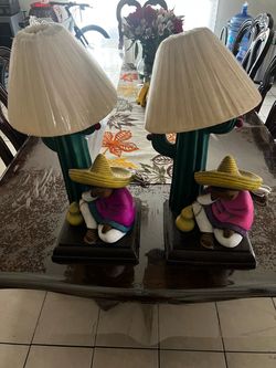 Pair of Mexican Figurine Cactus Table Lamps