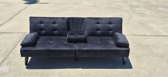 Black Velvet Futon Sofa Bed with Cup Holders