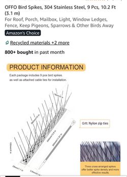 (3.1 m) For Roof, Porch, Mailbox, Light, Window Ledges, Fence, Keep Pigeons, Sparrows & Other Birds Away