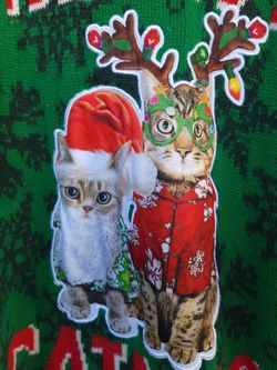 Meowy Catmas Sweater Womens 2 xl Green Red Christmas ugly Christmas sweater Cat