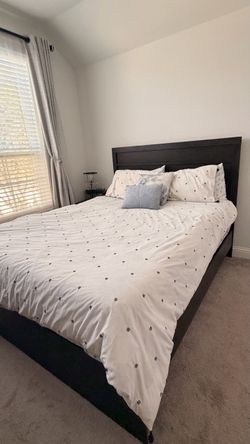 Queen bed frame/headboard + mattress base/foundation + 6-drawer dresser mirror + 2-drawer nightstand