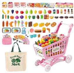 NEW 117pcs Kid Shopping Cart with Play Food, Kitchen Accessories, Shopping Bag, Purse & Play Money