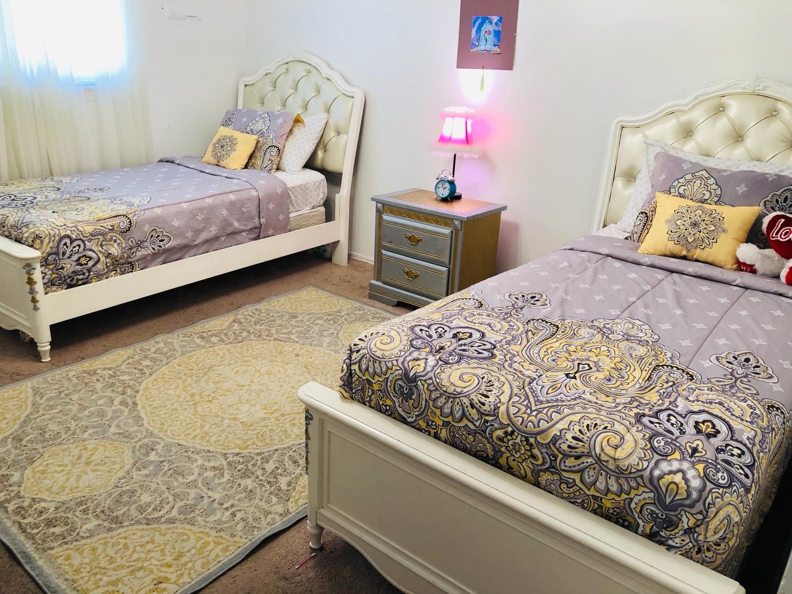 Princesses beds size twin The two beds they come with a rug, One night stand, lamp, Two frames, two mattresses, pillows,and blankets