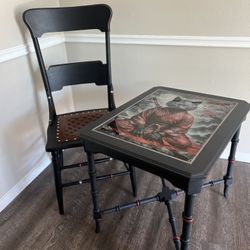 Vintage Hammary Accent Table with Custom Art Glass Top + Chair