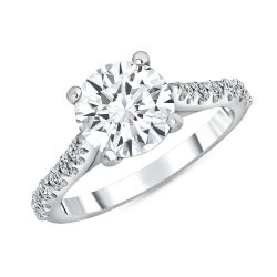 14K Round Cut Natural Diamond Engagement Ring with Pave Set Side Stones. (GIA Certified)