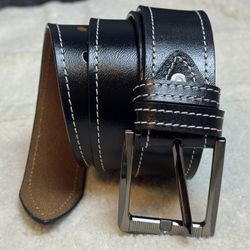 Genuine Black Leather Belt White Stitching Classic Metal Buckle Men’s US Size L
