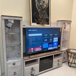 Whitewash 4 Pcs Entertainment Center With Electric Fireplace Tv Stand  Willovton