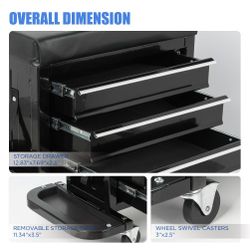 3-Drawer Tool Chest Rolling Mechanic Seat with Tool Trays,350lbs Max Weight Capacity,Black
